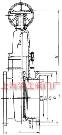 Z45T-10、Z45T-16Q 型暗桿楔式單閘板閘閥主要外形及結(jié)構(gòu)尺寸示意圖